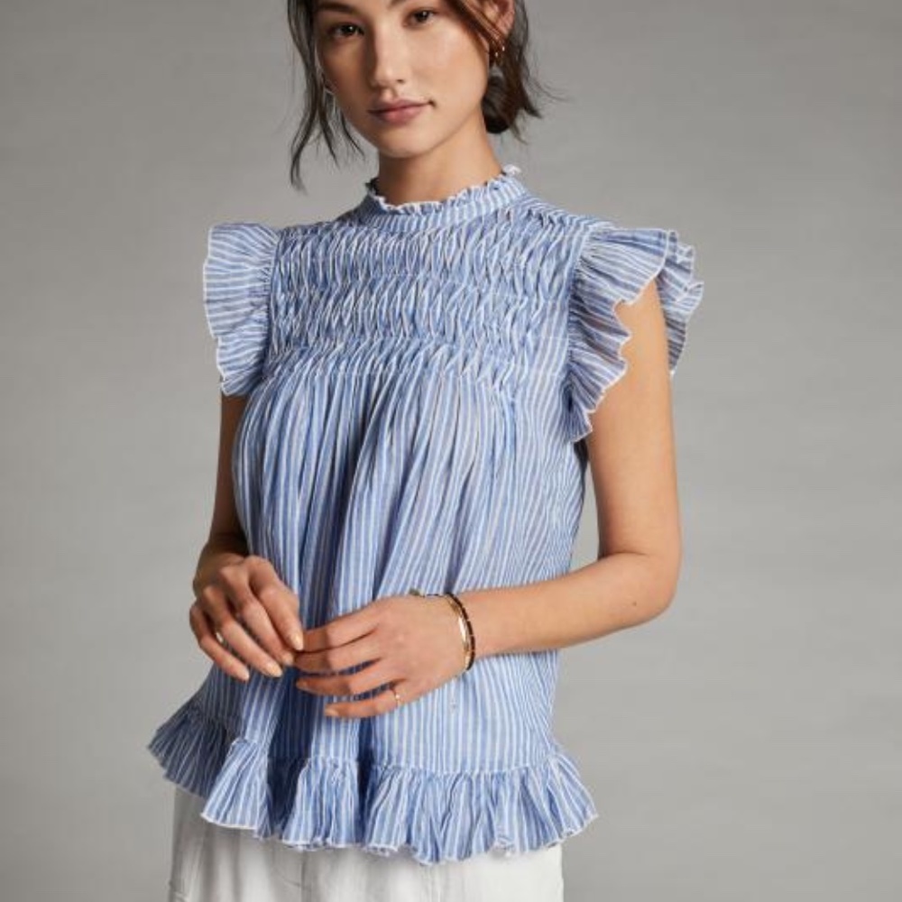NWOT Ruffled Back-Tie Blouse Anthropologie Blue and White Pinstripe Tie Back Top